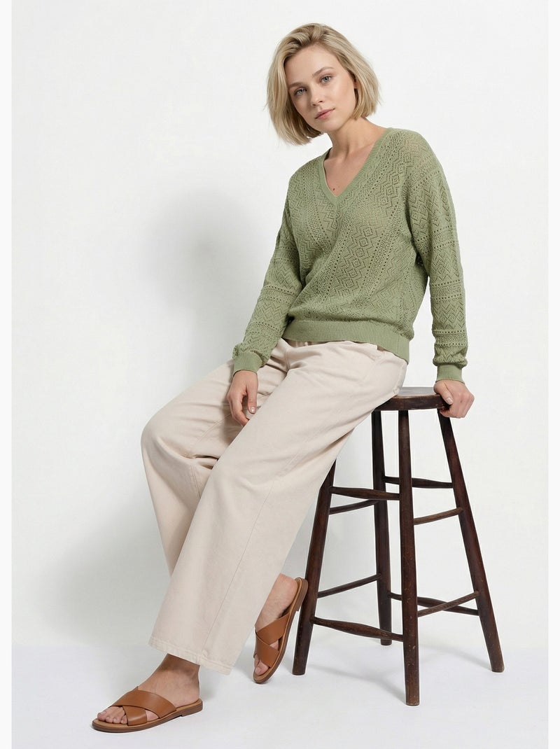 Pull maille ajourée col v - afibel Vert olive - Kiabi