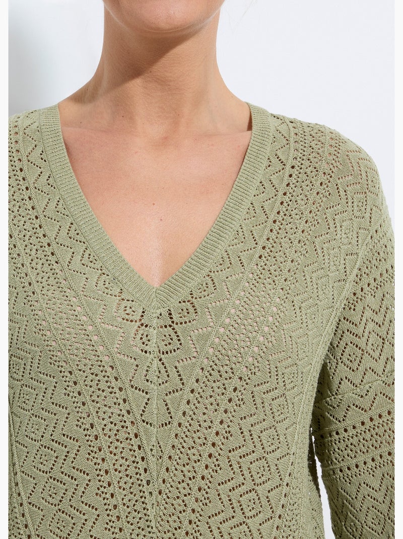 Pull maille ajourée col v - afibel Vert olive - Kiabi