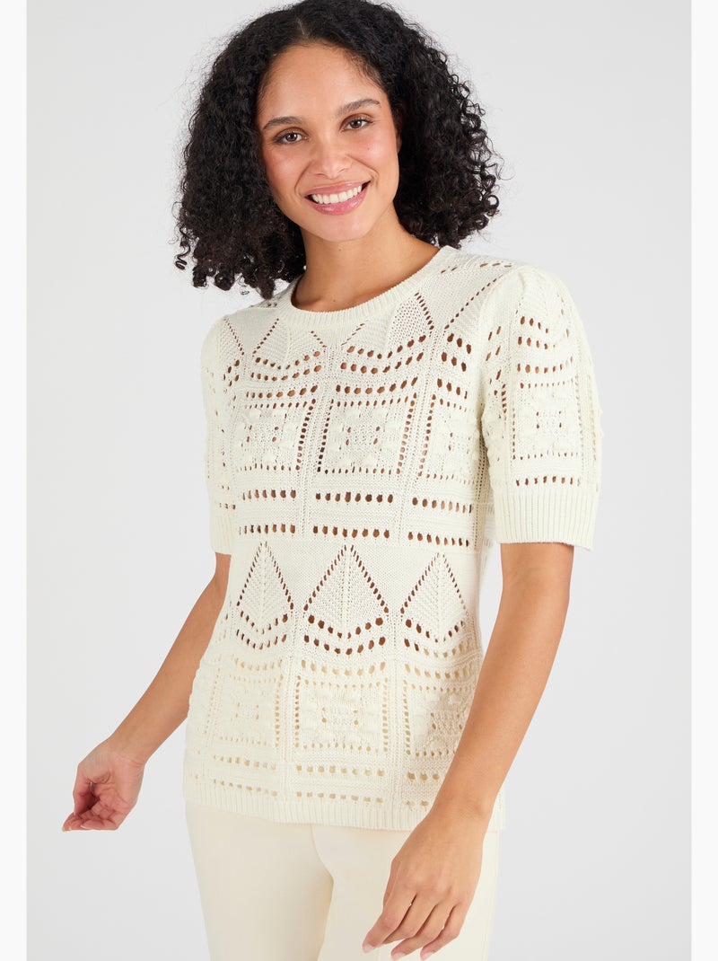 Pull maille ajourée effet crochet - damart Beige clair - Kiabi