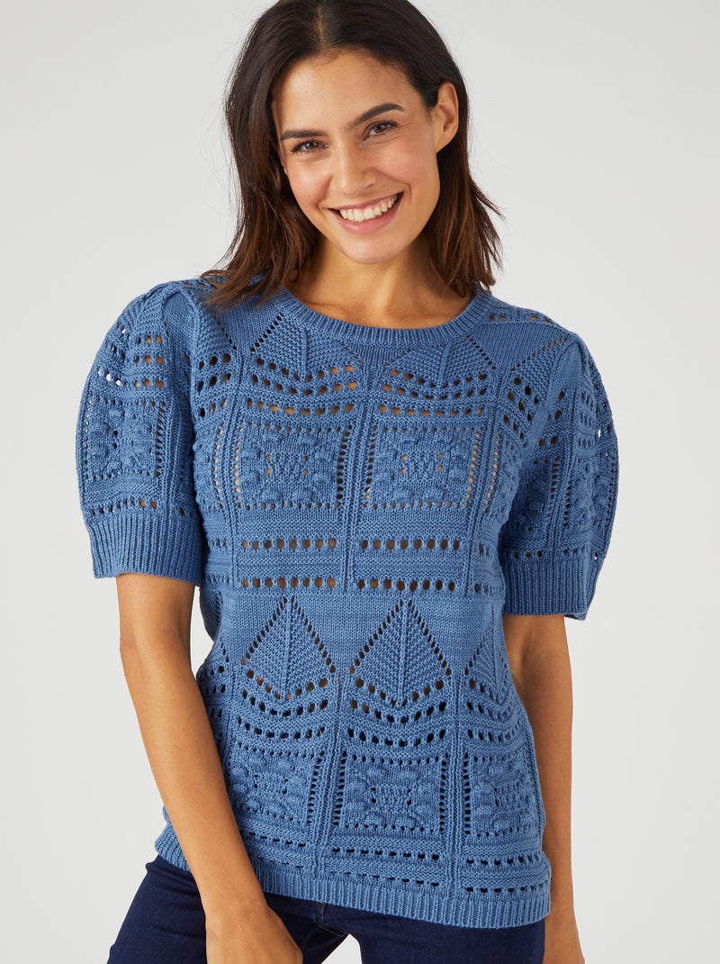 Pull maille ajourée effet crochet - Damart Bleu - Kiabi