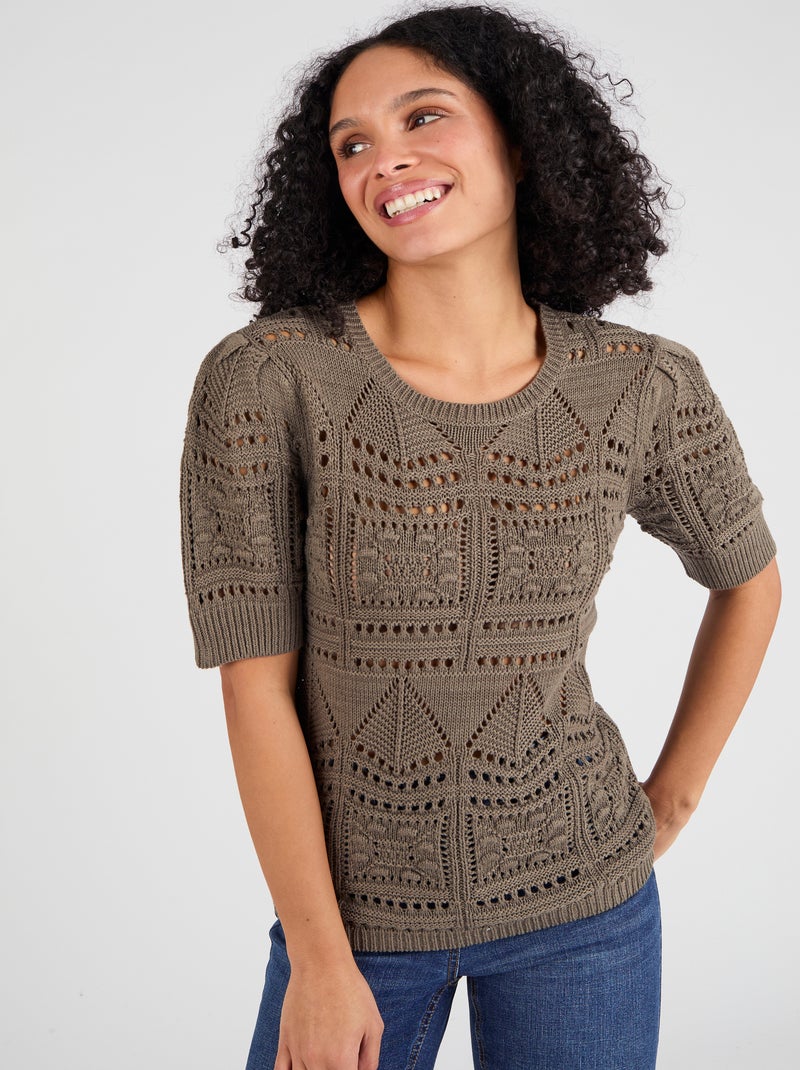 Pull maille ajourée effet crochet - Damart Taupe - Kiabi