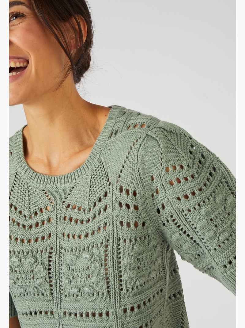 Pull maille ajourée effet crochet - Damart Vert Sauge - Kiabi