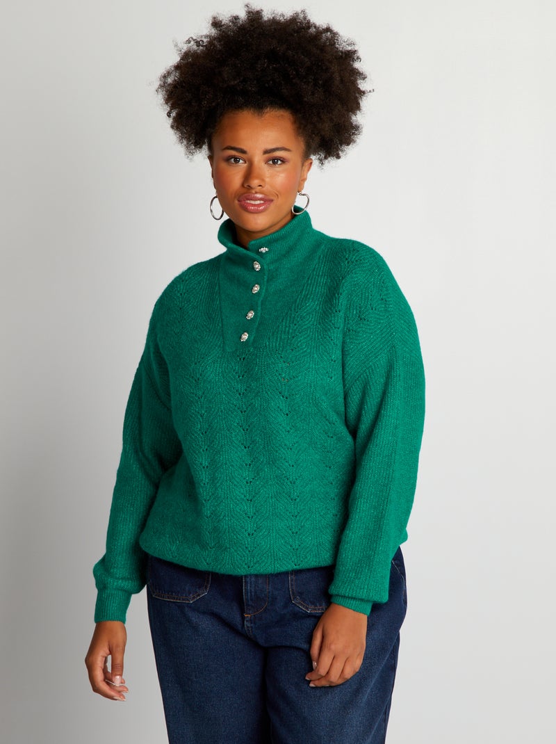 Pull maille ajourée et col camionneur Vert - Kiabi
