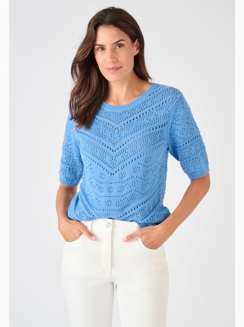 Pull maille ajourée manches aux coudes - Damart Bleu - Kiabi