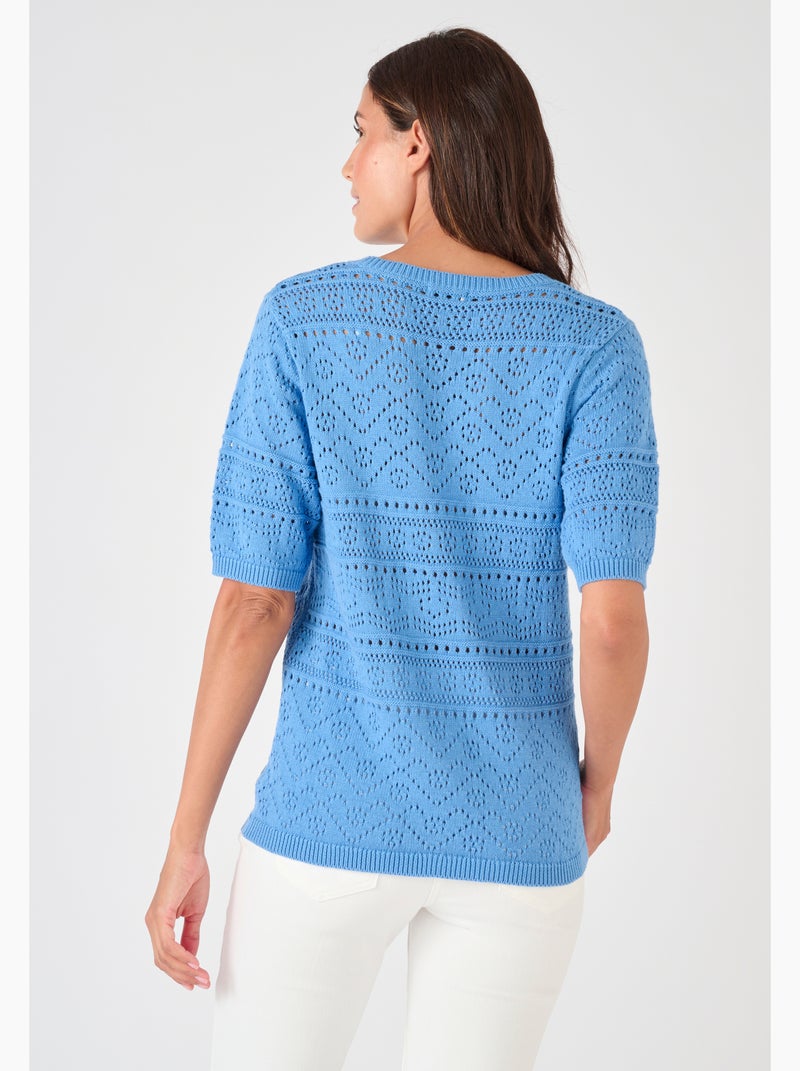Pull maille ajourée manches aux coudes - Damart Bleu - Kiabi