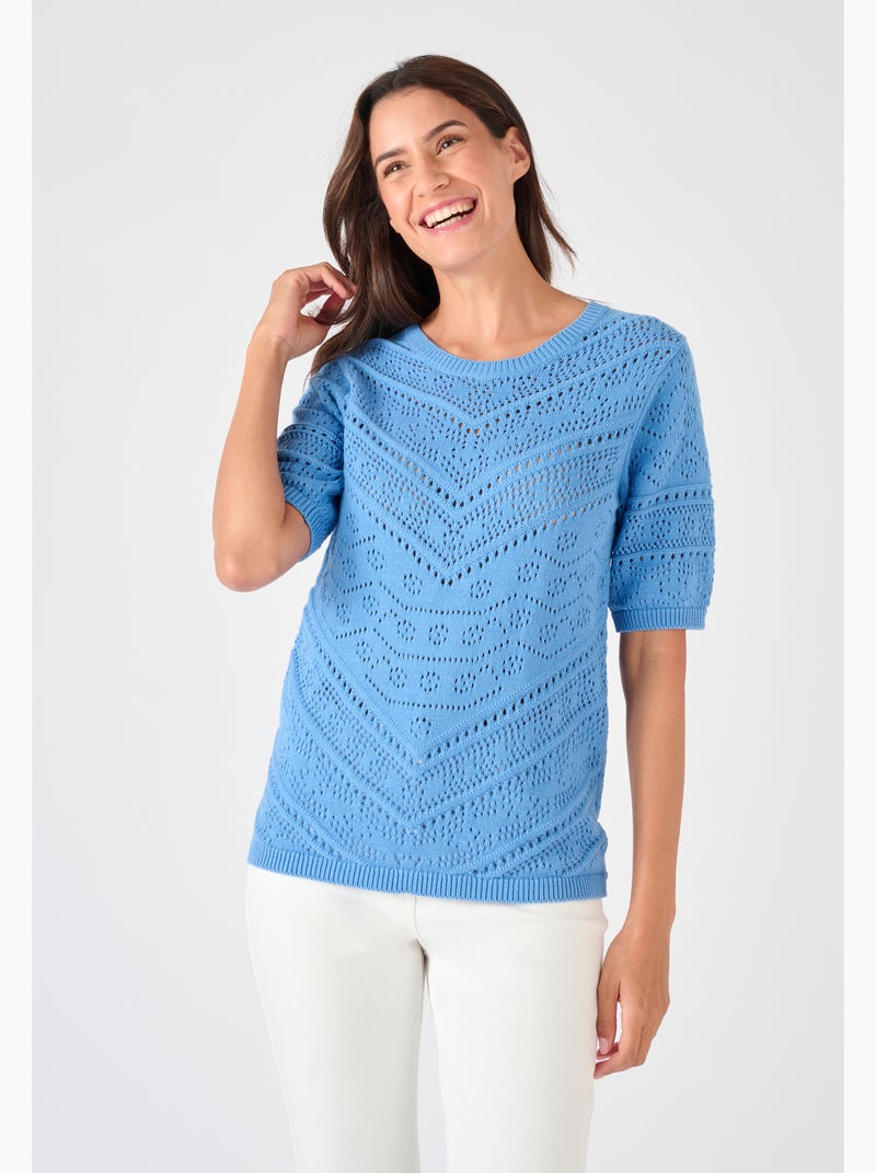 Pull maille ajourée manches aux coudes - Damart Bleu - Kiabi