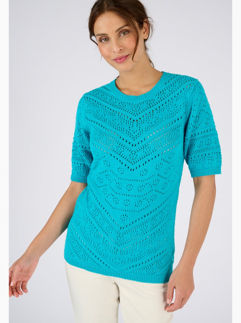 Pull maille ajourée manches aux coudes - Damart Bleu turquoise - Kiabi