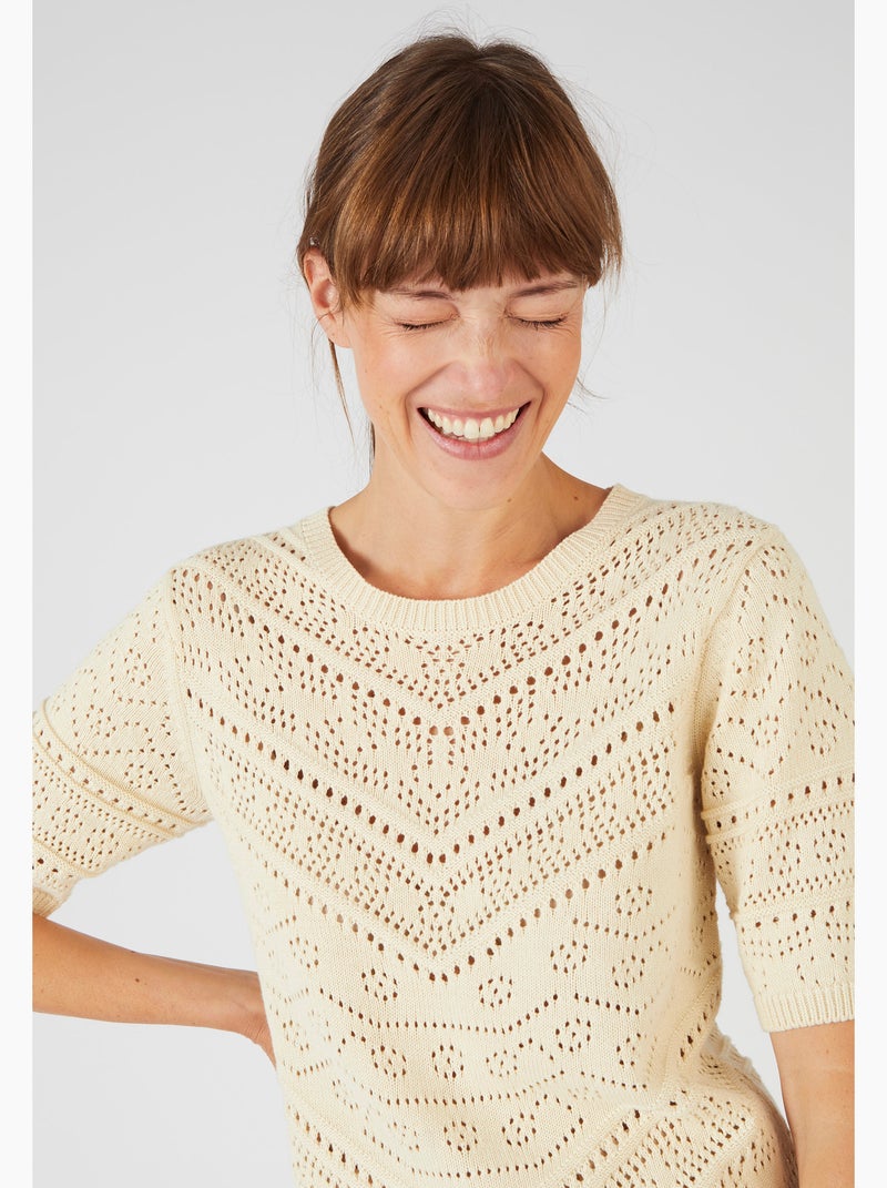 Pull maille ajourée manches aux coudes - Damart Marron - Kiabi