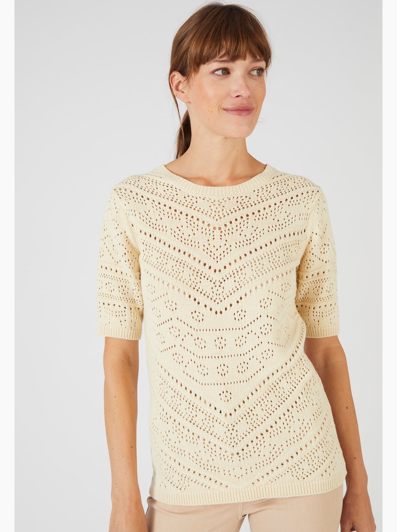 Pull maille ajourée manches aux coudes - Damart Marron - Kiabi