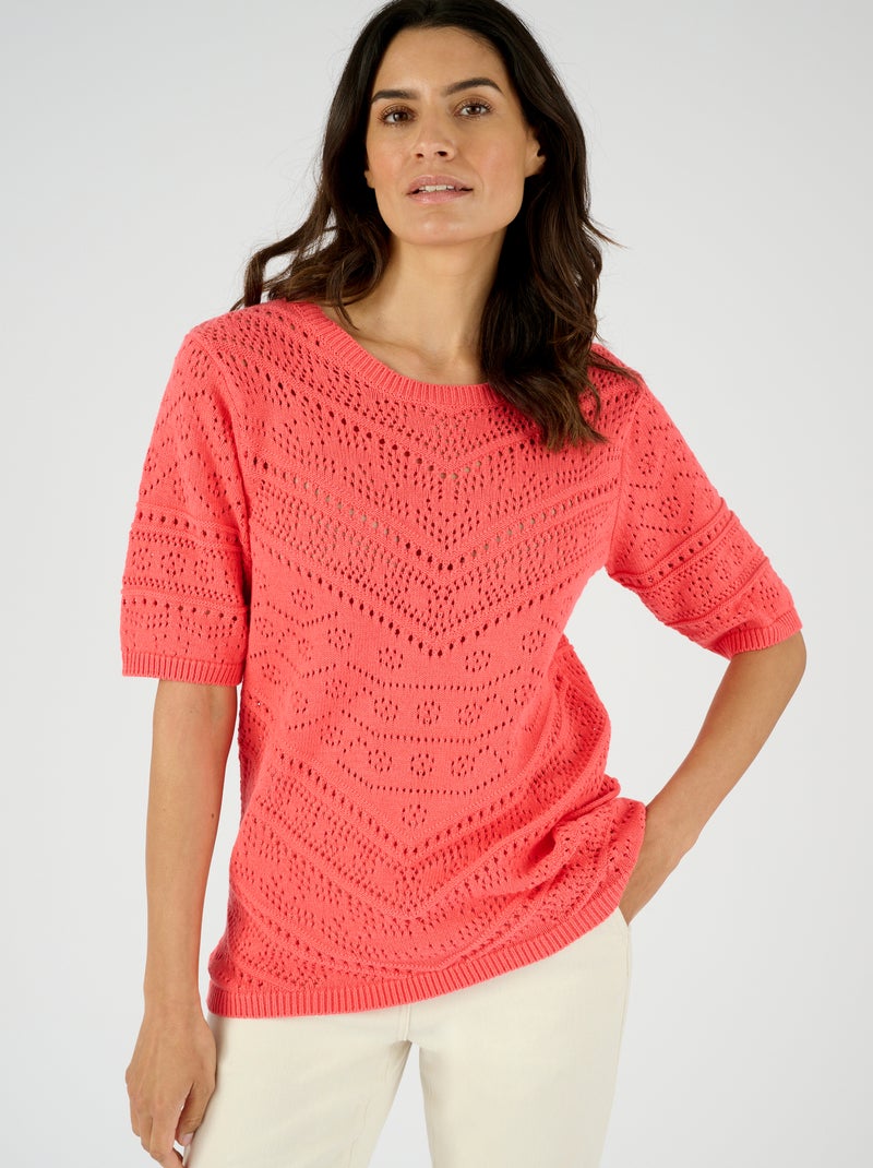 Pull maille ajourée manches aux coudes - Damart Orange corail - Kiabi