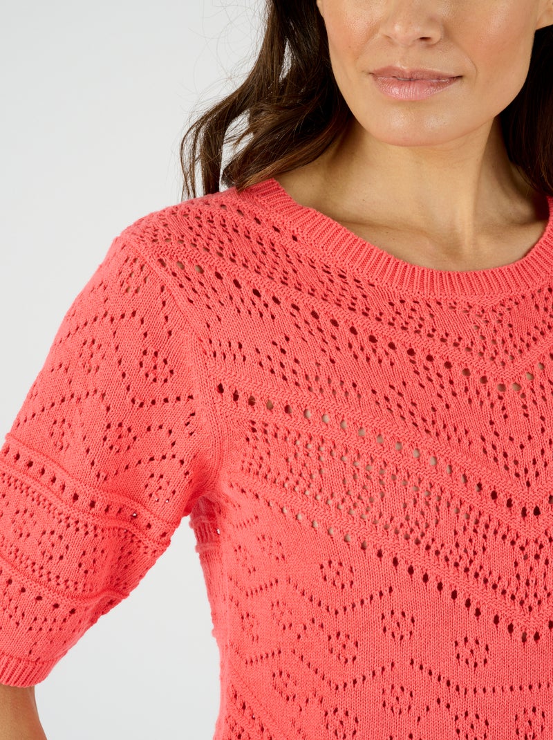 Pull maille ajourée manches aux coudes - Damart Orange corail - Kiabi