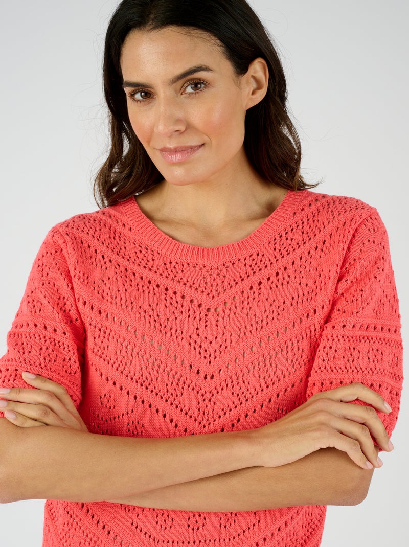 Pull maille ajourée manches aux coudes - Damart Orange corail - Kiabi
