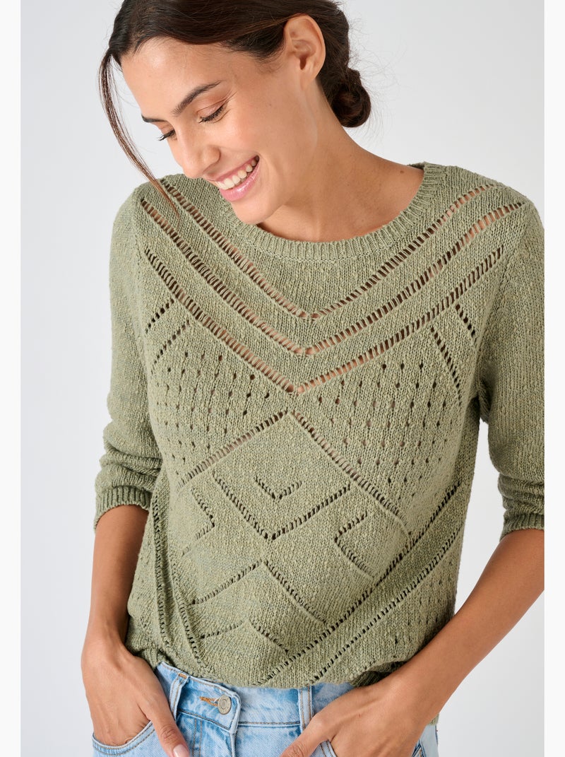 Pull maille ajourée pur coton - Damart Vert - Kiabi