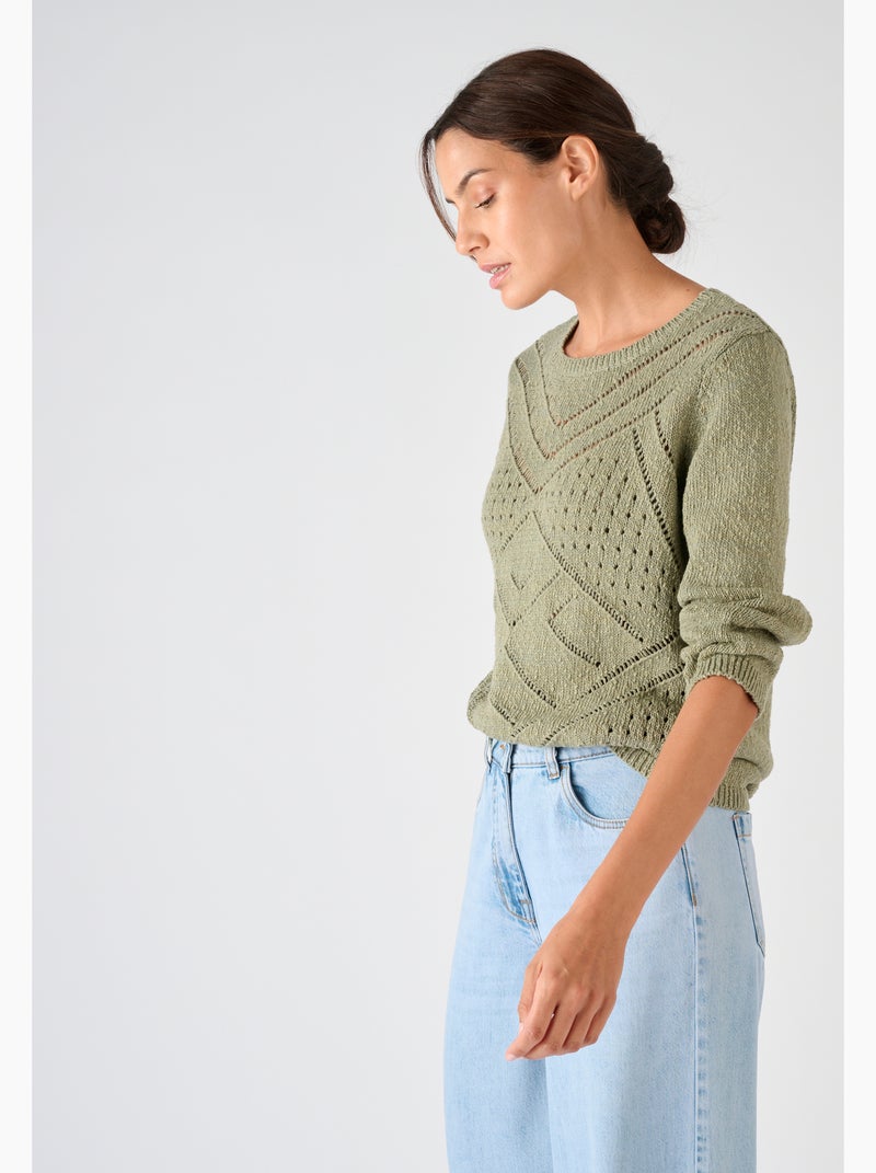 Pull maille ajourée pur coton - Damart Vert - Kiabi