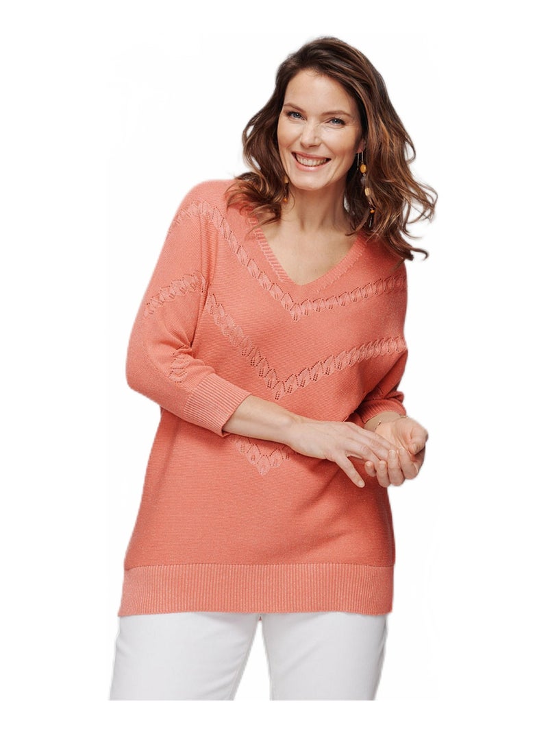 Pull maille brillante fantaisie ajourée Orange corail - Kiabi