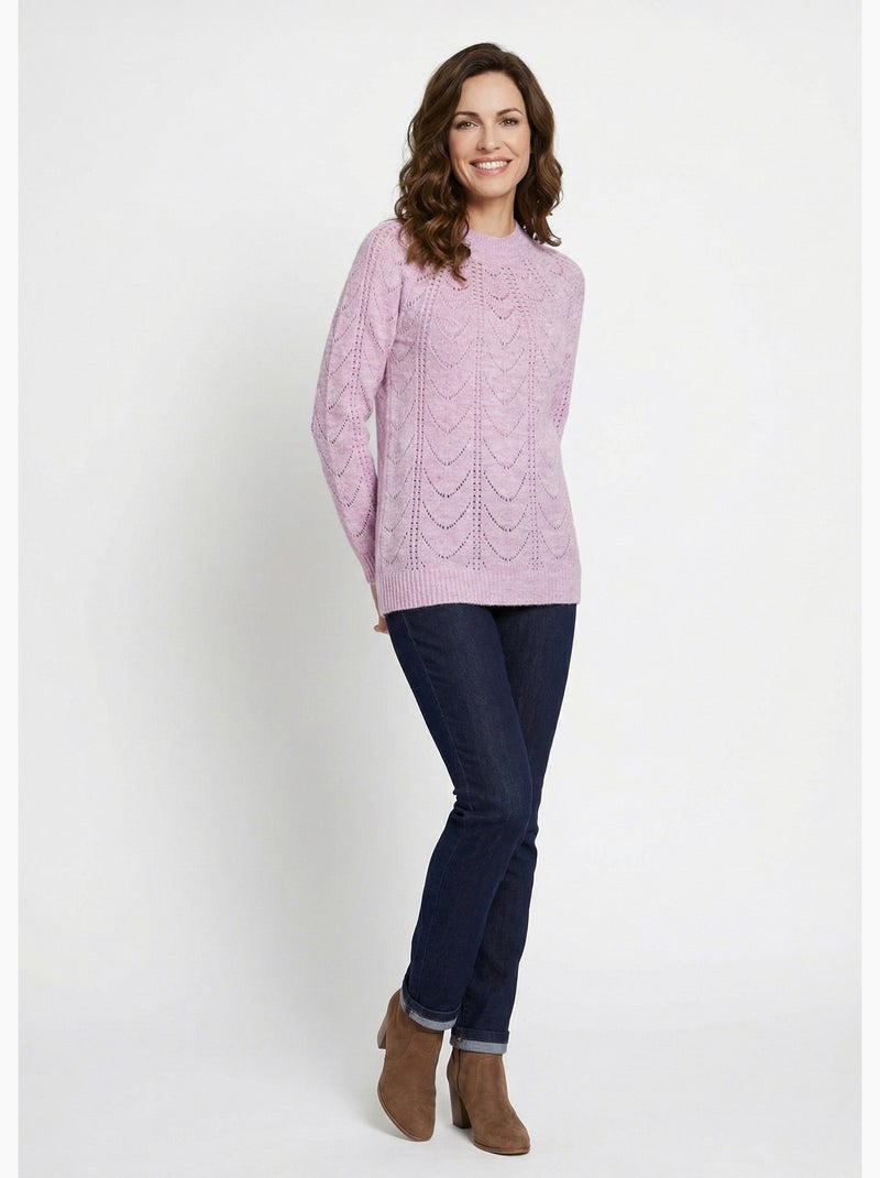 Pull maille chinée ajourée col rond - Afibel Mauve lilas - Kiabi