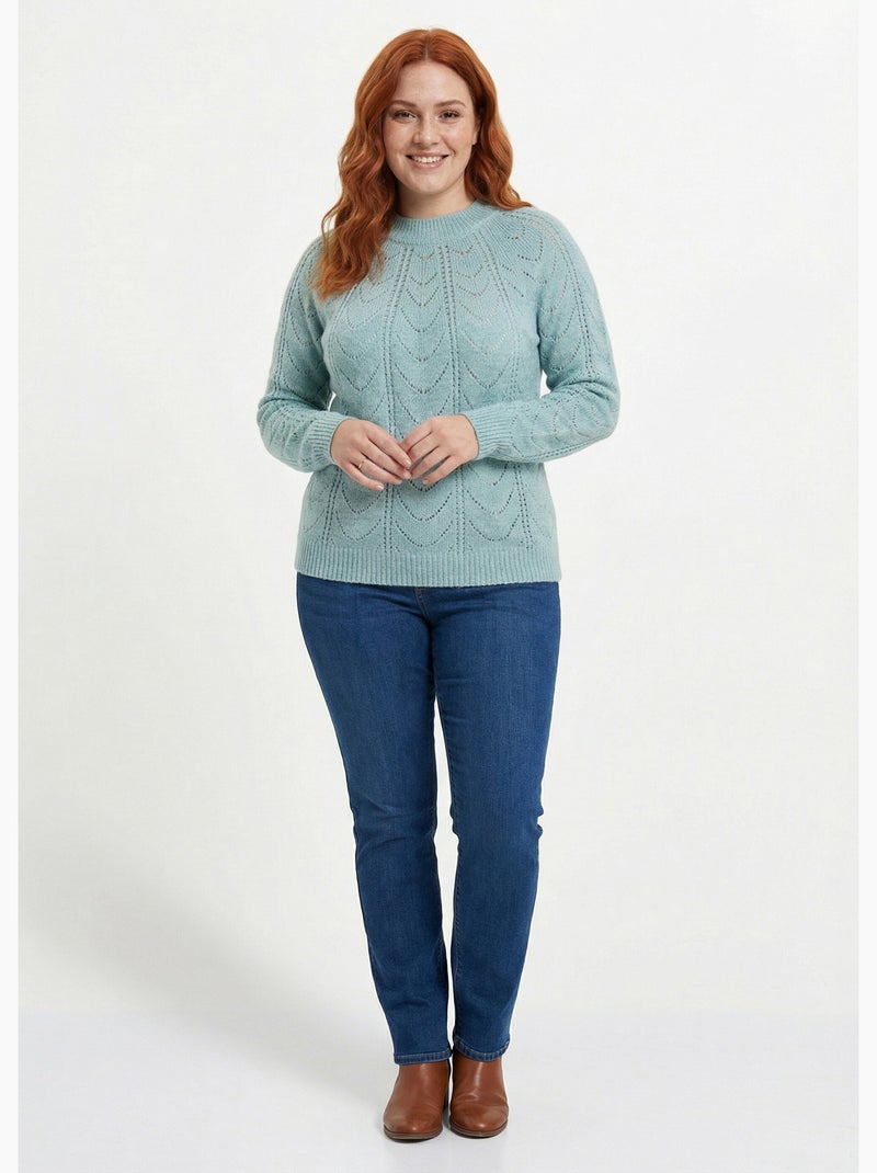 Pull maille chinée ajourée col rond - Afibel Vert - Kiabi