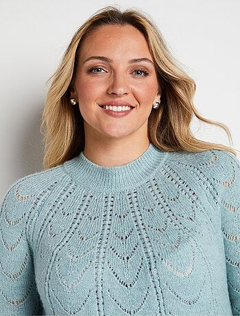 Pull maille chinée ajourée col rond