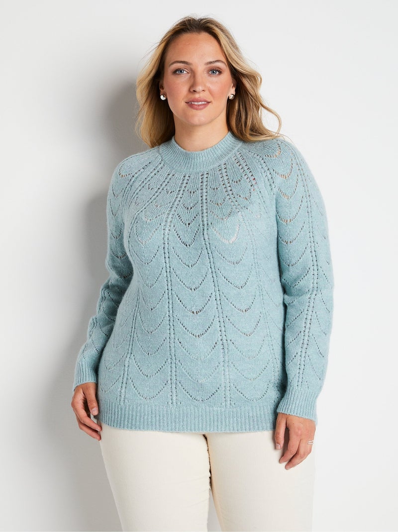 Pull maille chinée ajourée col rond Vert - Kiabi