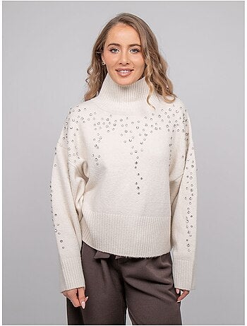 Pull maille col montant orné de strass kobilie