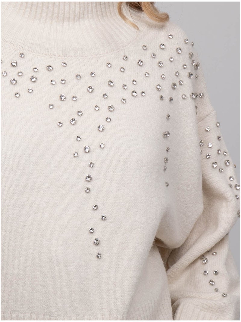 Pull maille col montant orné de strass kobilie Ecru - Kiabi
