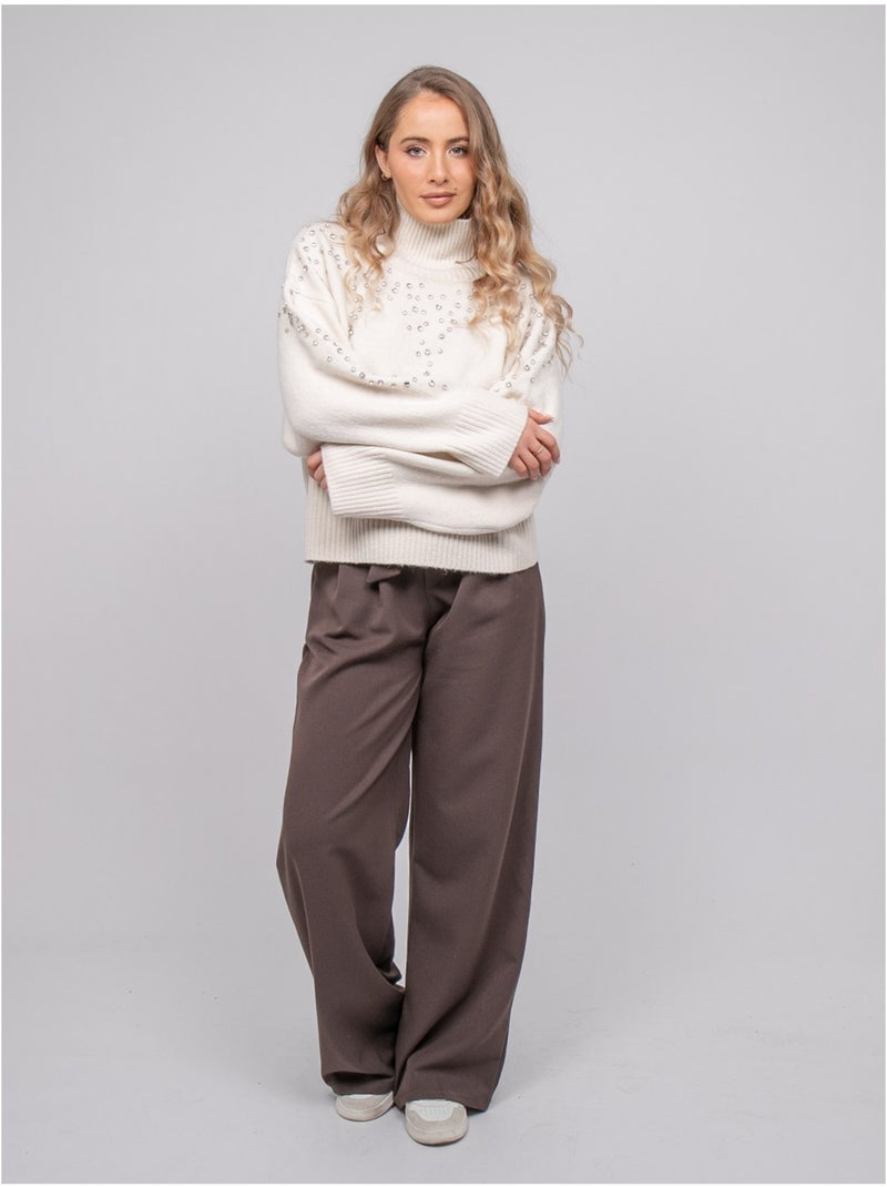 Pull maille col montant orné de strass kobilie Ecru - Kiabi