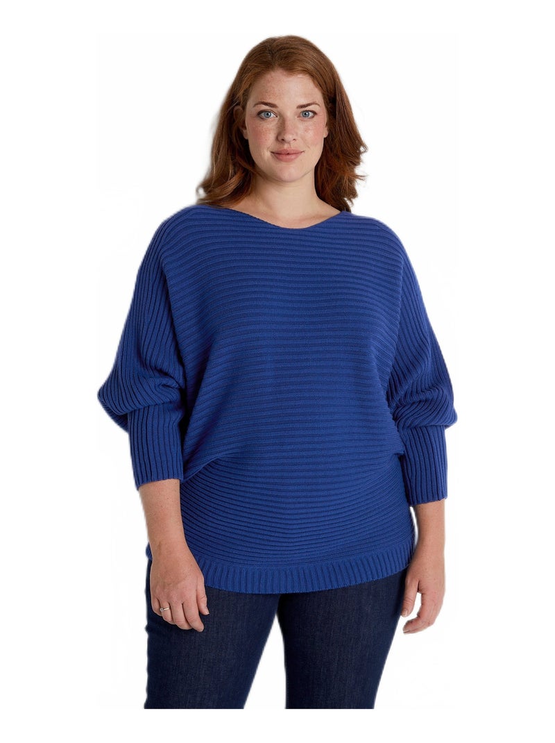 Pull maille côtelée manches chauve-souris Bleu - Kiabi