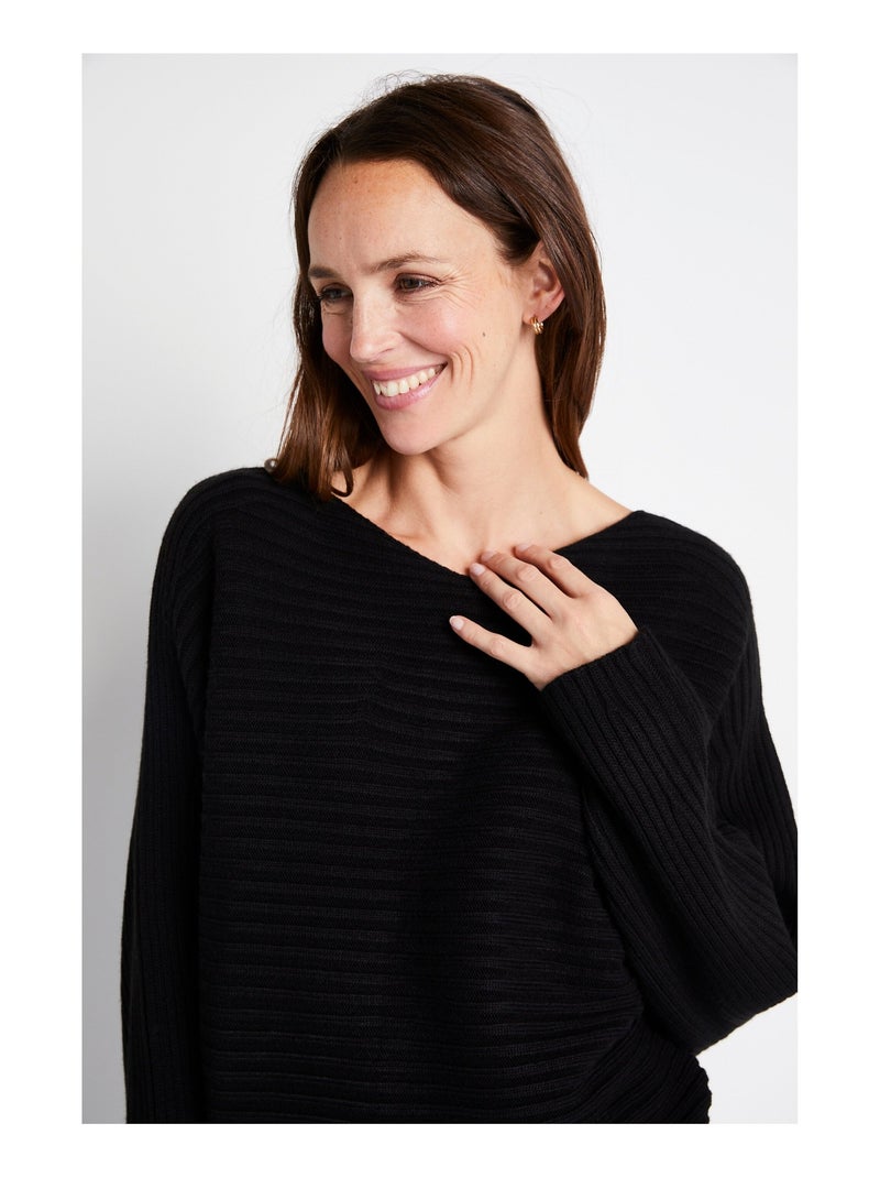 Pull maille côtelée manches chauve-souris Noir - Kiabi