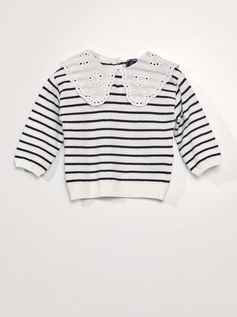 Pull maille douce et col claudine Blanc/noir - Kiabi