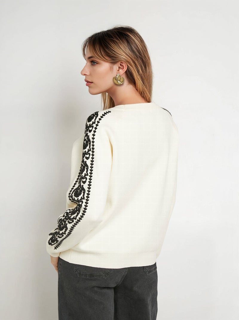 Pull maille épaisse broderies manches - AFIBEL Ecru - Kiabi