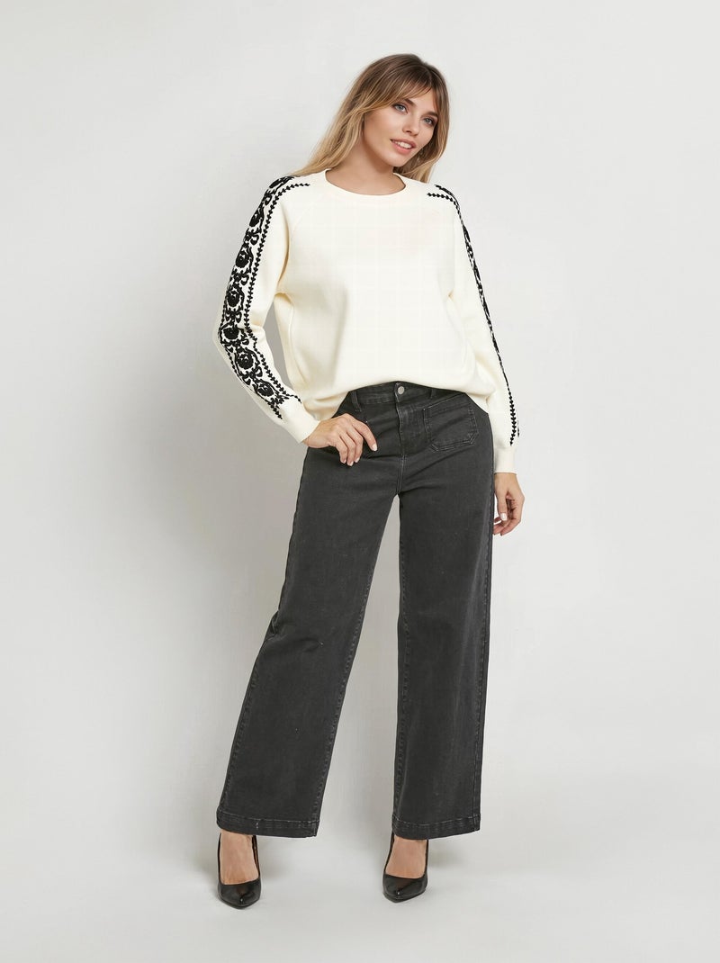 Pull maille épaisse broderies manches - AFIBEL Ecru - Kiabi