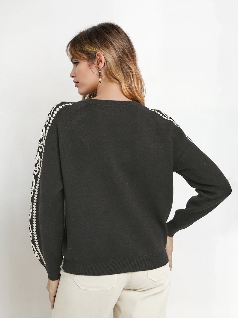 Pull maille épaisse broderies manches - AFIBEL Noir - Kiabi