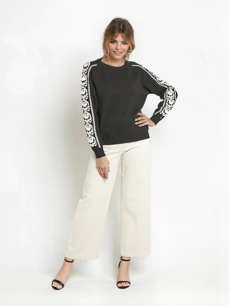 Pull maille épaisse broderies manches - AFIBEL Noir - Kiabi