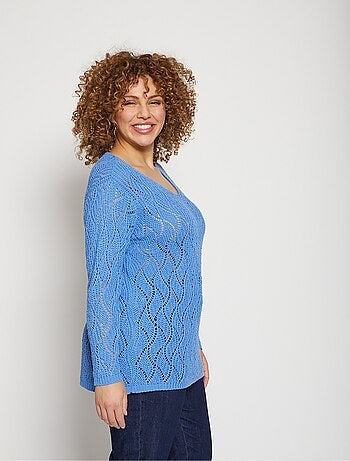Pull maille fantaisie ajourée col V