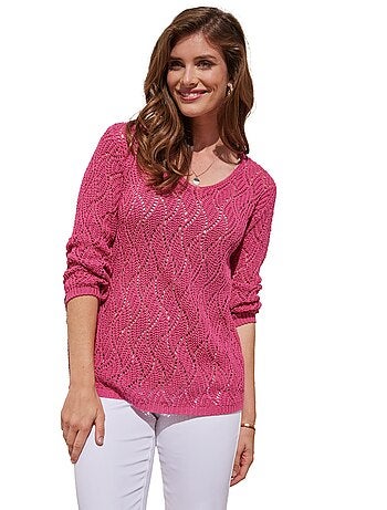 Pull maille fantaisie ajourée col V