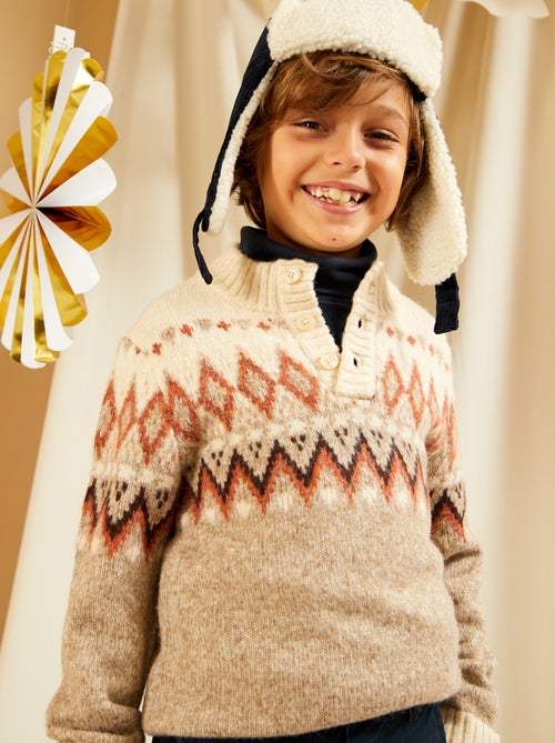 Pull maille fantaisie avec col boutonné - Kiabi