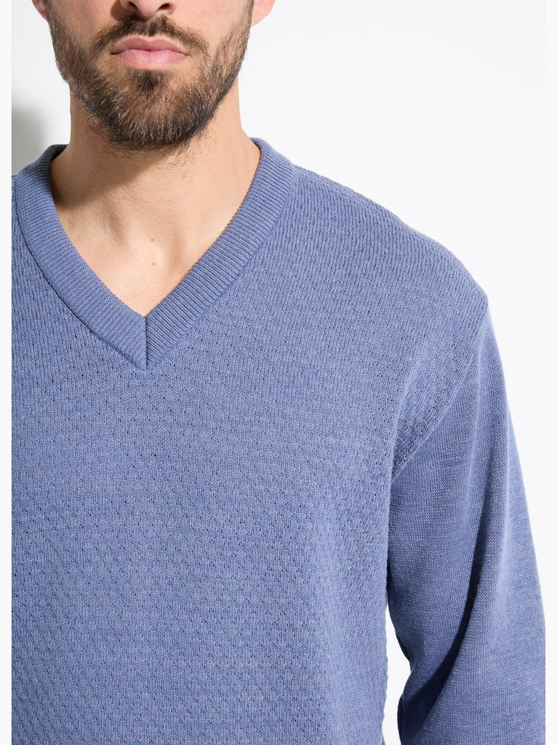 Pull maille fantaisie laine col v manches longues - afibel Bleu - Kiabi