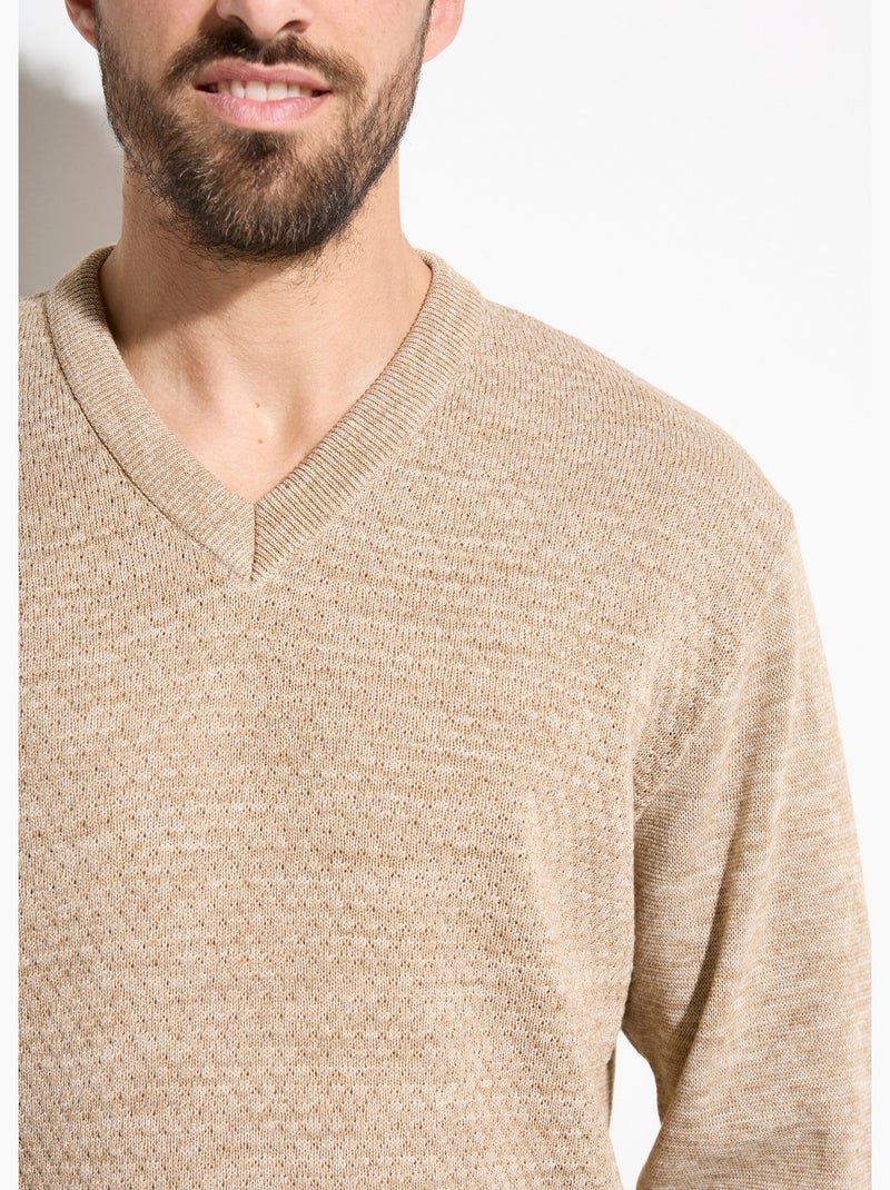 Pull maille fantaisie laine col V manches longues Beige - Kiabi