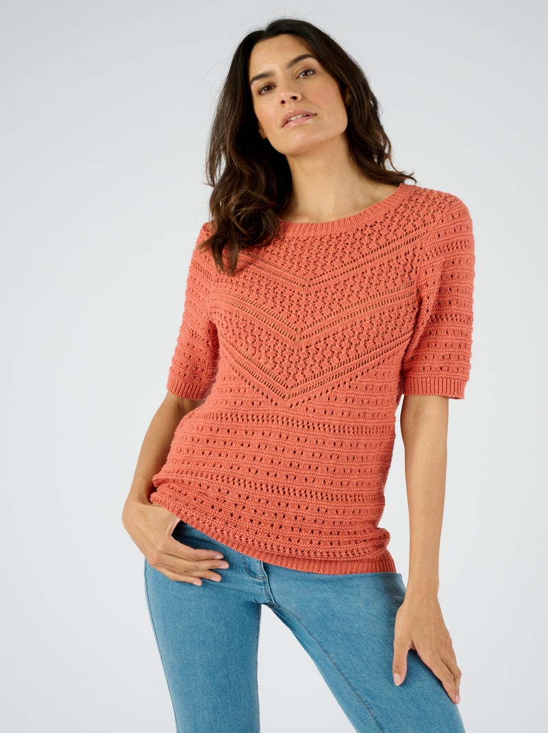 Pull maille fantaisie pur coton - Damart Abricot - Kiabi