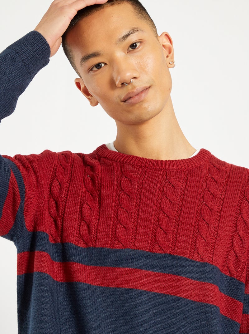 Pull maille fantaisie rouge/bleu marine - Kiabi