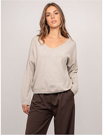 Pull maille fine col v paillettes koraka