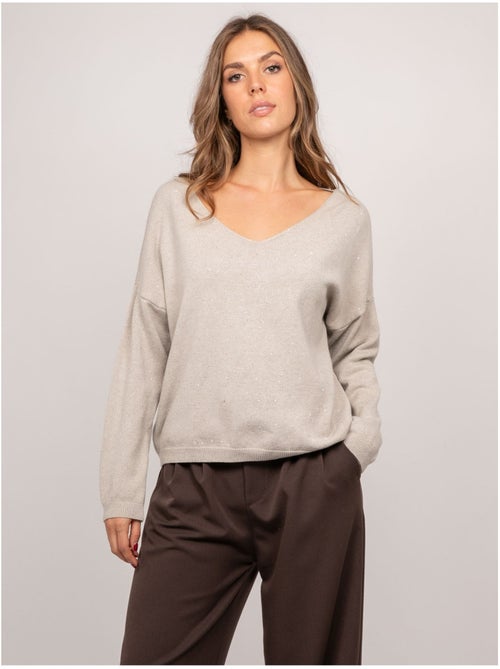 Pull maille fine col v paillettes koraka - Kiabi