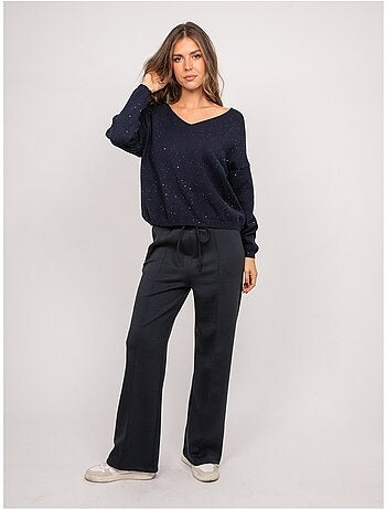 Pull maille fine col v paillettes koraka