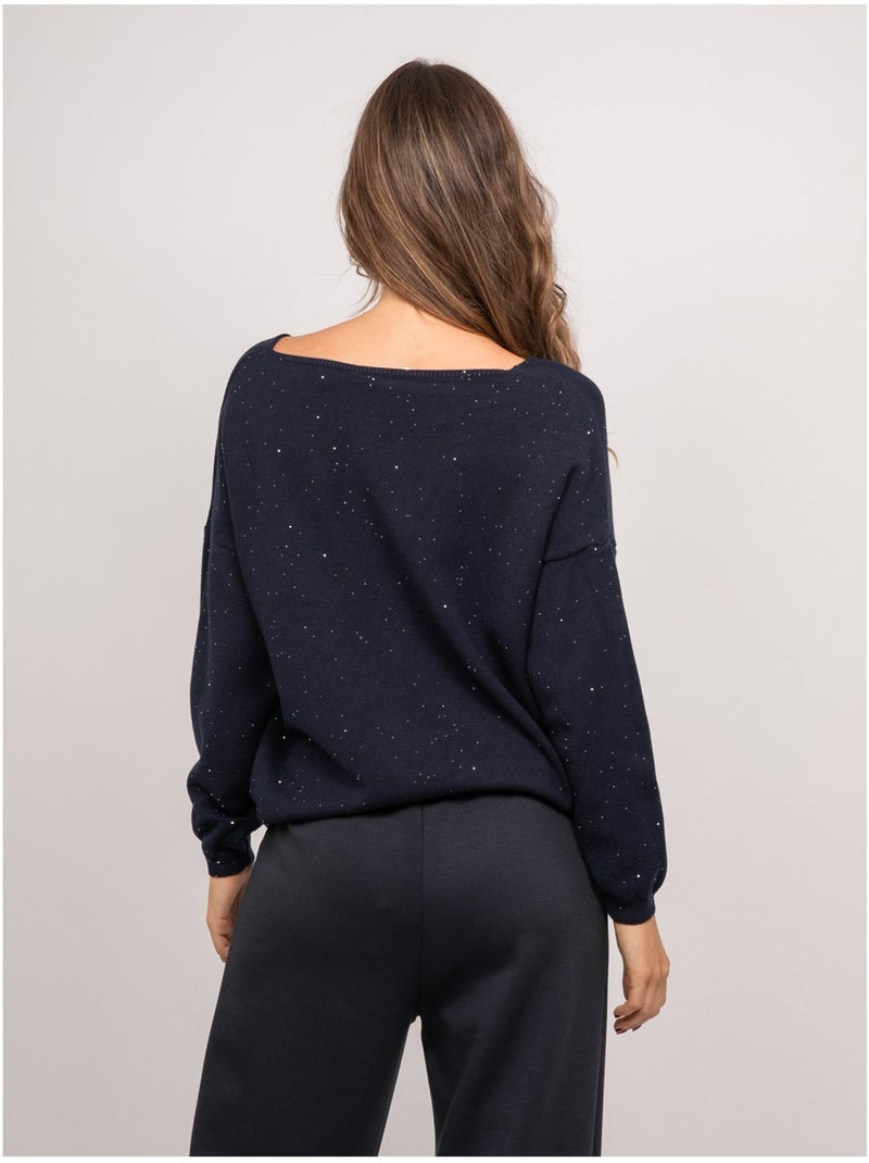 Pull maille fine col v paillettes koraka Bleu marine - Kiabi