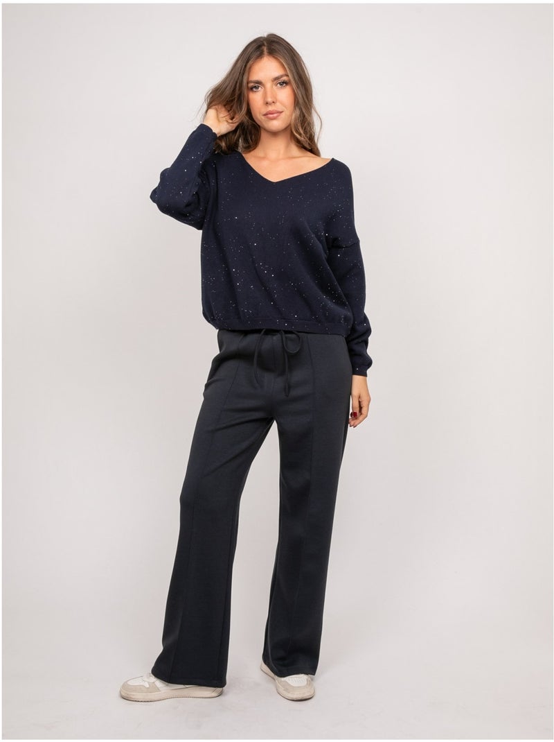 Pull maille fine col v paillettes koraka Bleu marine - Kiabi