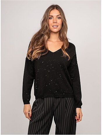 Pull maille fine col v paillettes koraka