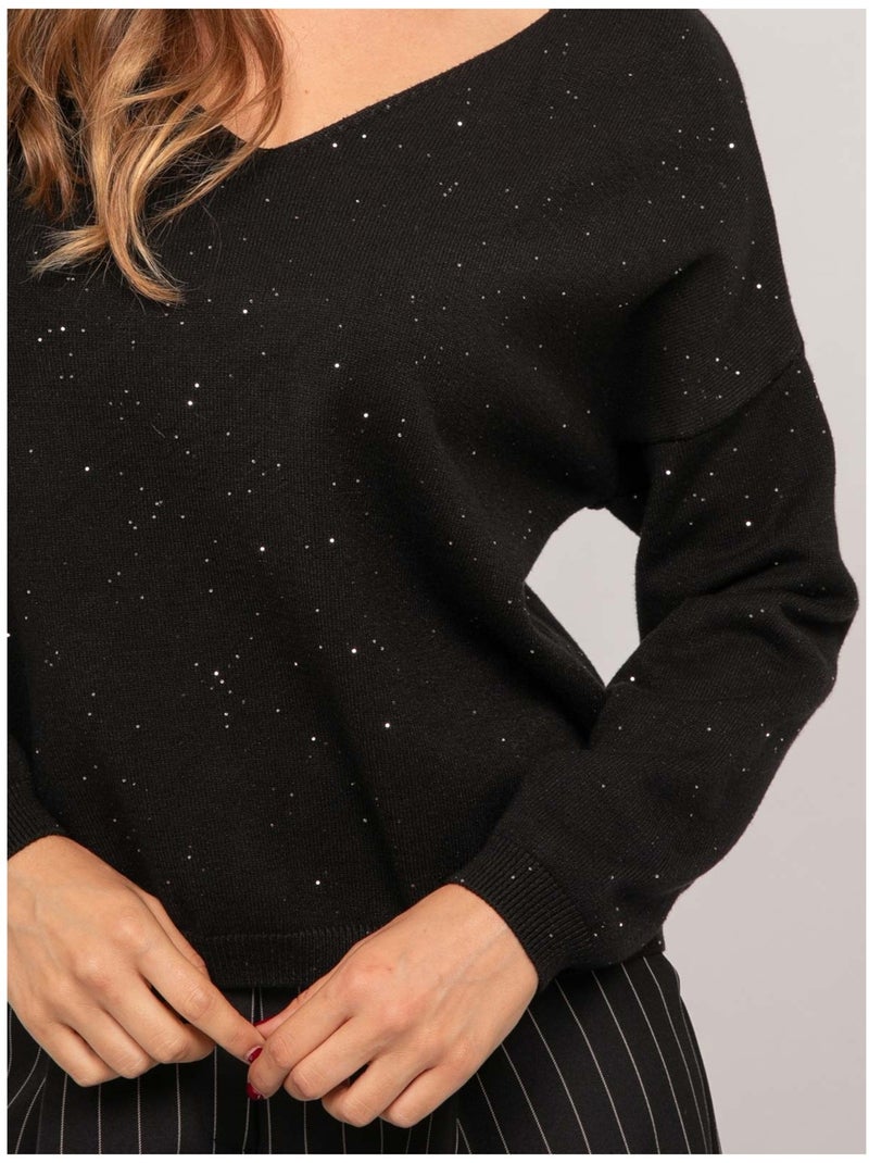 Pull maille fine col v paillettes koraka Noir - Kiabi