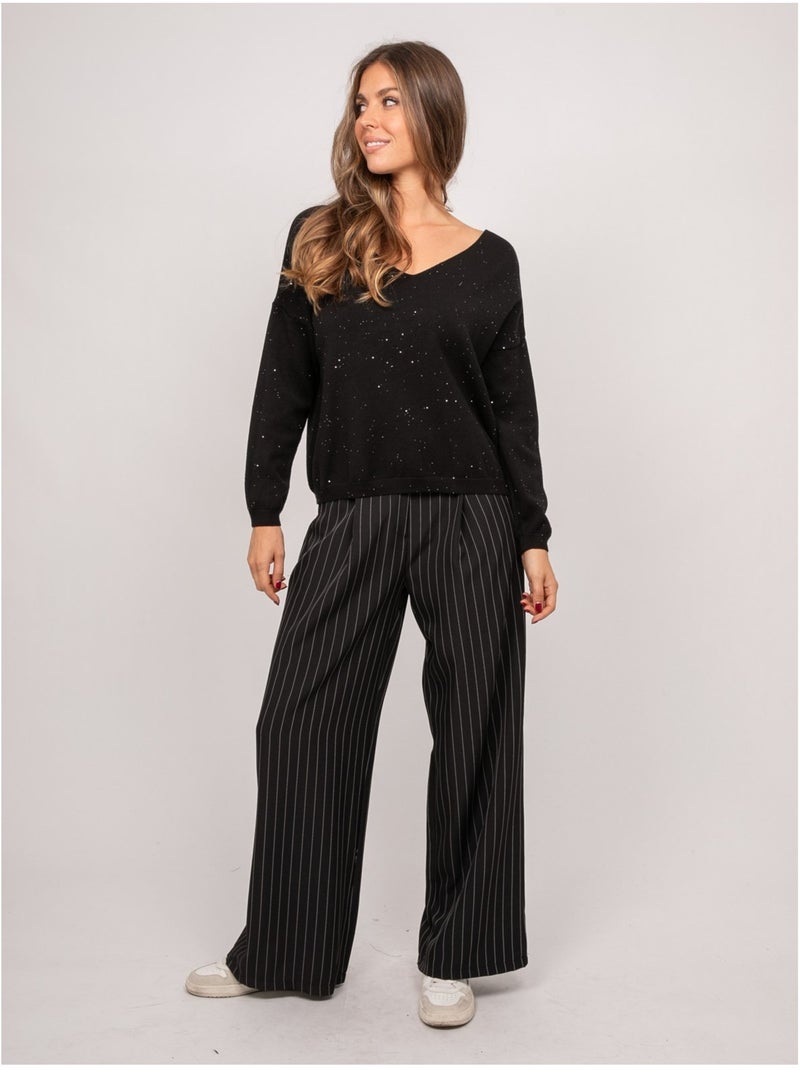Pull maille fine col v paillettes koraka Noir - Kiabi