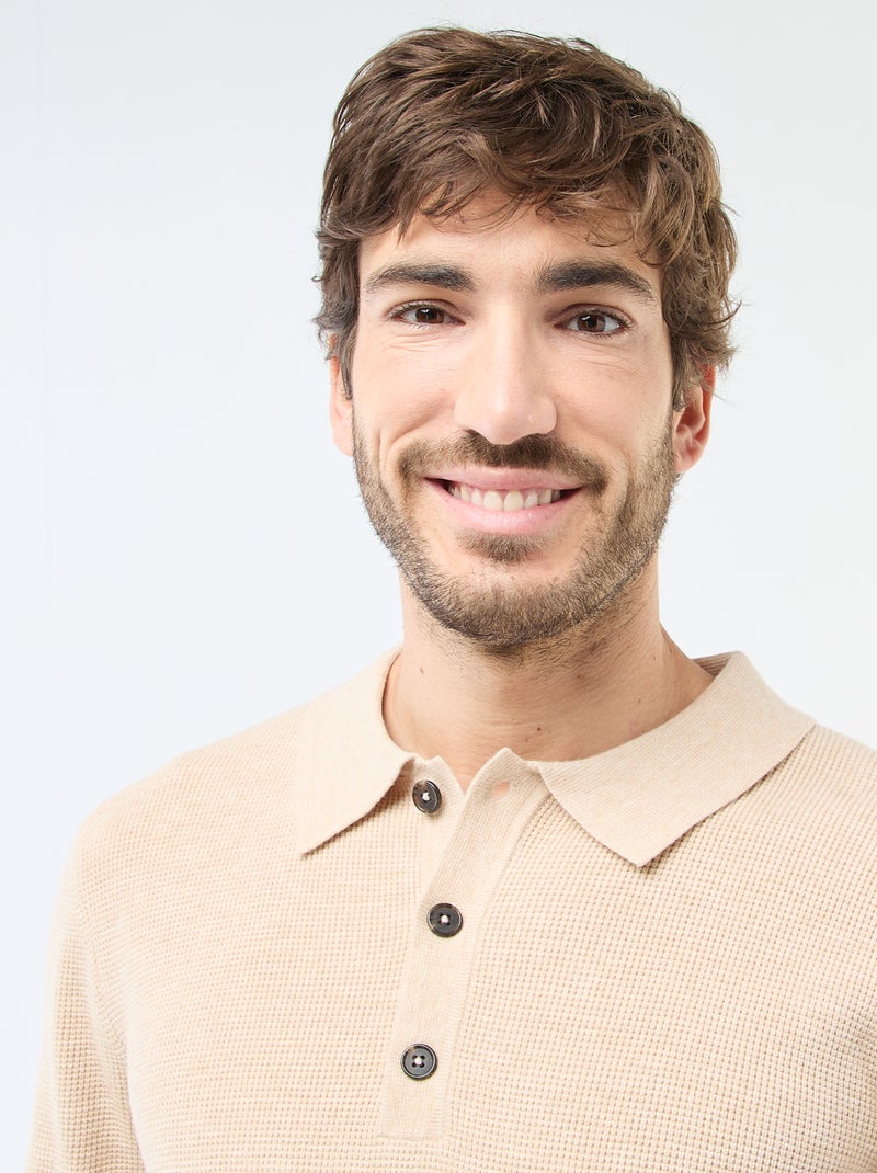 Pull maille gaufrée à col polo Beige - Kiabi