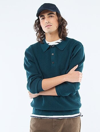 Pull maille gaufrée à col polo